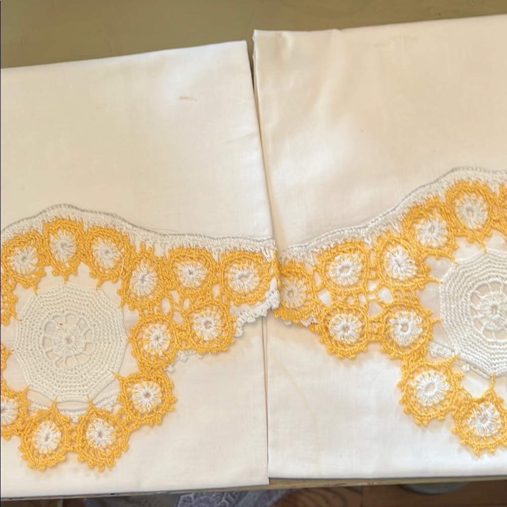 Vintage Elegant White and Yellow Crochet Lace Pillowcases